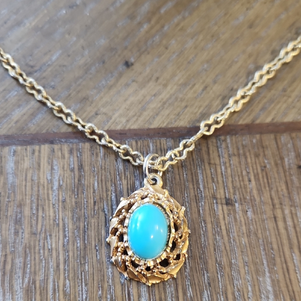 Gold-Tone Necklace with Turquoise Cabochon Pendant
